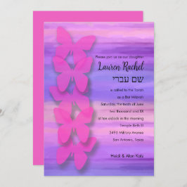 Convite Bat Mitzvah Butterfly Pink Puro Watercolor