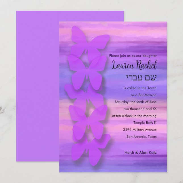 Convite Bat Mitzvah Butterfly Pink Puro Watercolor (Frente/Verso)