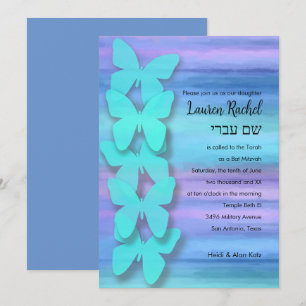 Convite Bat Mitzvah Butterfly Turquesa Purple Watercolor