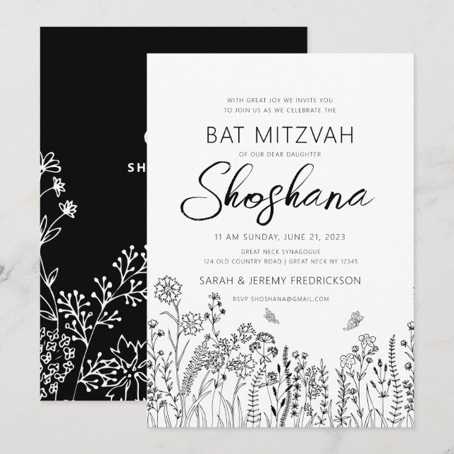 Convite Bat Mitzvah Caligrafia Elegante Floral Esboço (Frente/Verso)
