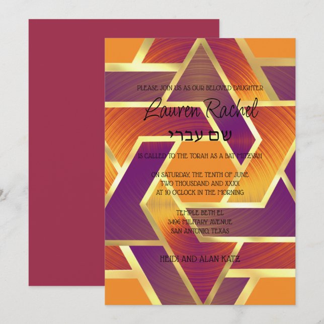 Convite Bat Mitzvah Camadas Estrelas de David Purple Red (Frente/Verso)