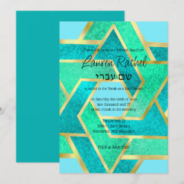 Convite Bat Mitzvah Camadas Estrelas de David Turquoise Aq