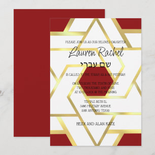 Convite Bat Mitzvah Camadas Estrelas de David White e Qual