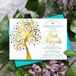 Convite Bat Mitzvah Chic Turquoise Gold Tree da Vida<br><div class="desc">Tenha orgulho, alegria e mostre este marco do seu Bat Mitzvah favorito! Esta folha de ouro falso gráfica com tartaruga cintilante, teal, roxo e azul Estrela de David e "folhas" de ponto em fundo branco é o convite perfeito para esta ocasião especial. Uma pequena, azul-turquesa, estrela azul de David sobre...</div>