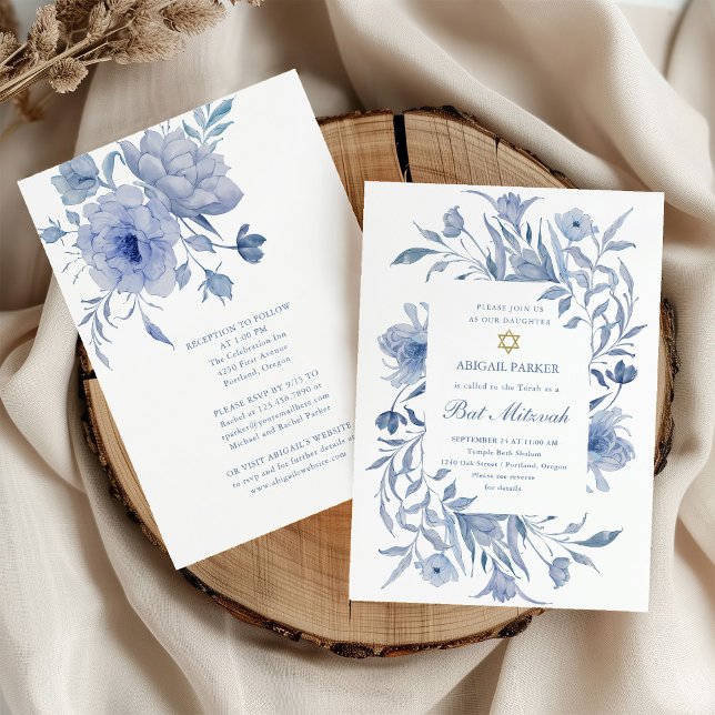 Convite Bat Mitzvah | Chinoiserie Floral Azul e Branca (Criador carregado)