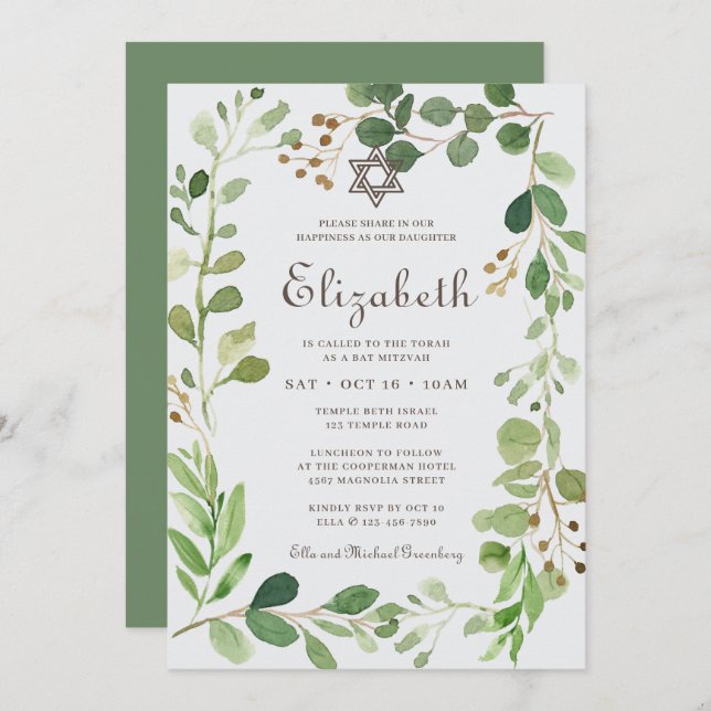 Convite Bat Mitzvah Classic Script Watercolor Foliage (Frente/Verso)