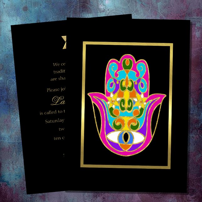 Convite Bat Mitzvah Coloful Hamsa com Trim Dourado (Criador carregado)