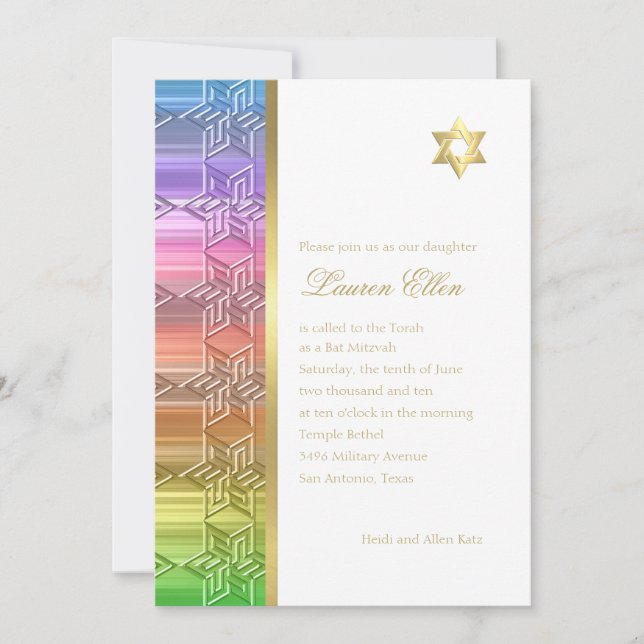 Convite Bat Mitzvah Colorful Rainbow Star Damask (Frente)