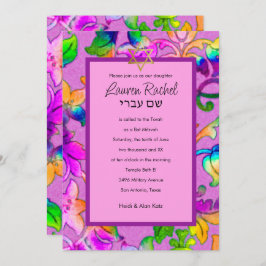 Convite Bat Mitzvah Colorida Rosa Damasco Pintado