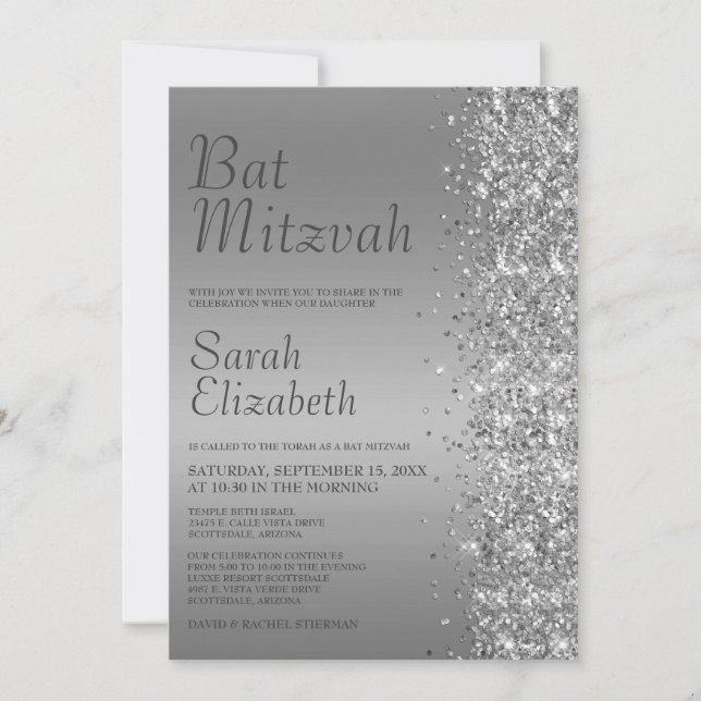 Convite Bat Mitzvah com Brilho Prateado (Frente)