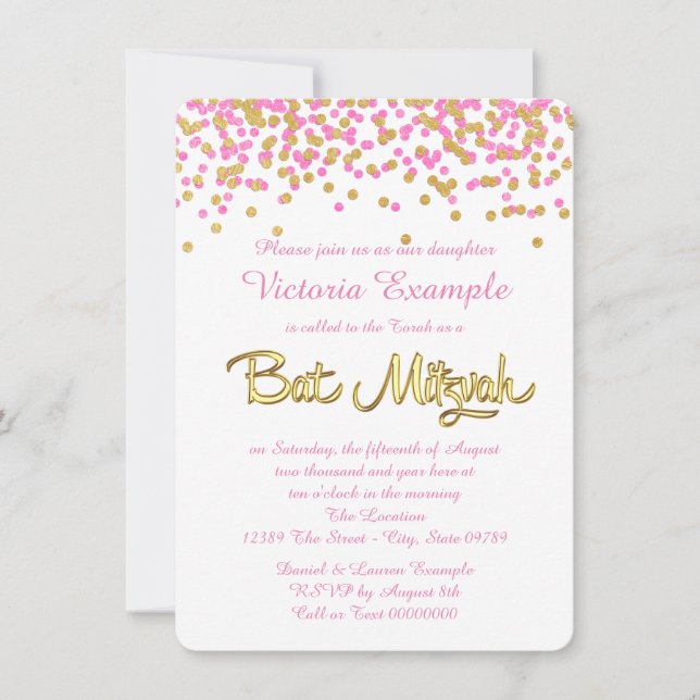 Convite Bat Mitzvah com Confetes Rosa e Dourado (Frente)