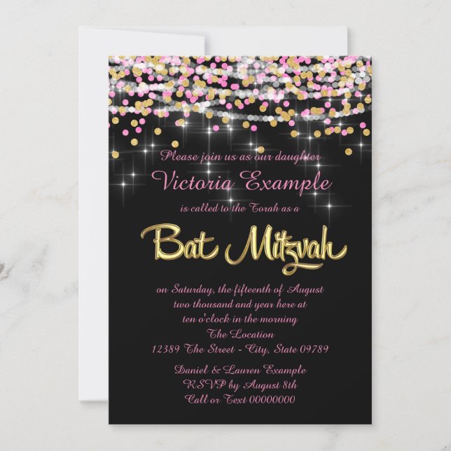 Convite Bat Mitzvah com Confetes Rosa e Dourado (Frente)
