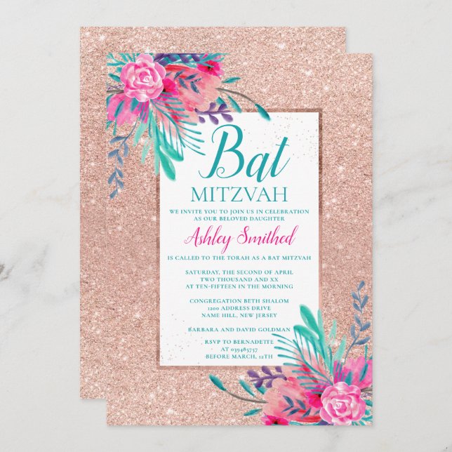 Convite Bat Mitzvah com flores em glitter dourado-rosa em  (Frente/Verso)