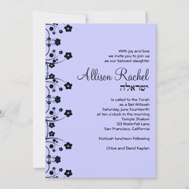 Convite Bat Mitzvah Convida Allison Sweet Flowers Cinzas (Frente)