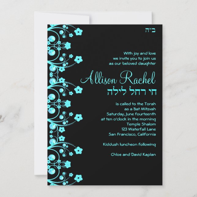 Convite Bat Mitzvah Convida Flores Allison Preto/Azul (Frente)