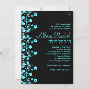 Convite Bat Mitzvah Convida Flores Allison Preto/Azul
