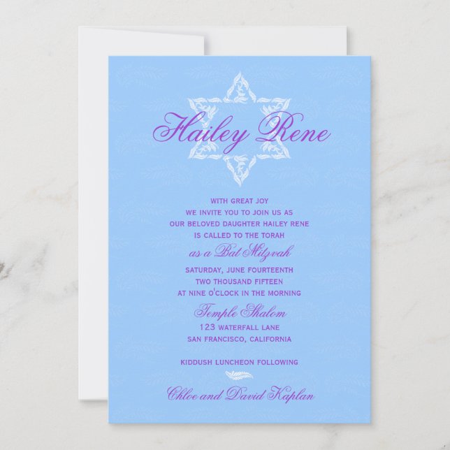 Convite Bat Mitzvah Convoca o Diário com Azul Damask (Frente)