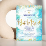 Convite Bat Mitzvah - cor-de-água da turquesa de ouro mode<br><div class="desc">Tenha orgulho, alegria e mostre este marco do seu Bat Mitzvah favorito! Enviar este espantoso, moderno, farelo de ouro cintilante e pontos brilhantes e um roteiro de tipografia contra um fundo de aquarela turquesa, convite personalizado para um evento para lembrar. Personalize o texto personalizado com o nome, a data e...</div>