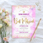 Convite Bat Mitzvah, cor-de-água rosa moderna, brilho dour<br><div class="desc">Tenha orgulho, alegria e mostre este marco do seu Bat Mitzvah favorito! Enviar este espantoso, moderno, farelo de ouro cintilante e pontos brilhantes e um script de tipografia contra um fundo de aquarela cor rosa suave, convite personalizado para um evento se lembrar. Personalize o texto personalizado com o nome, a...</div>