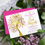 Convite Bat Mitzvah, cor-de-rosa, Árvore de Escrito em Our<br><div class="desc">Tenha orgulho, alegria e mostre este marco do seu Bat Mitzvah favorito! Esta falso folha de ouro gráfica com cor-de-rosa cintilante, laranja e Estrela vermelha de David e "folhas" de ponto em fundo branco é o convite perfeito para esta ocasião especial. Uma pequena estrela vermelha escura do padrão David sobre...</div>