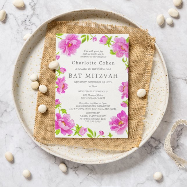 Convite Bat Mitzvah das Peônias Rosa (Criador carregado)
