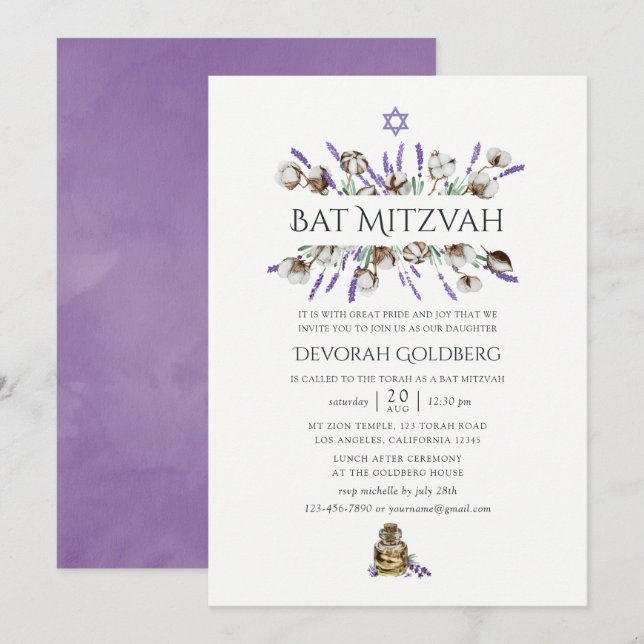 Convite Bat Mitzvah de Algodão Lavanda em Aquarela (Frente/Verso)