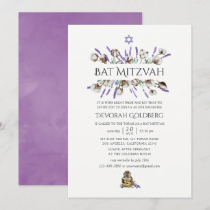 Convite Bat Mitzvah de Algodão Lavanda em Aquarela
