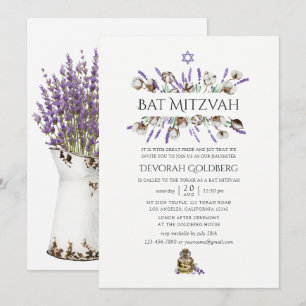 Convite Bat Mitzvah de Algodão Lavanda em Aquarela