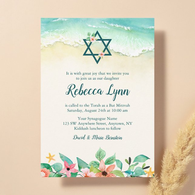 Convite Bat Mitzvah de Aquarela Floral na Praia (Criador carregado)