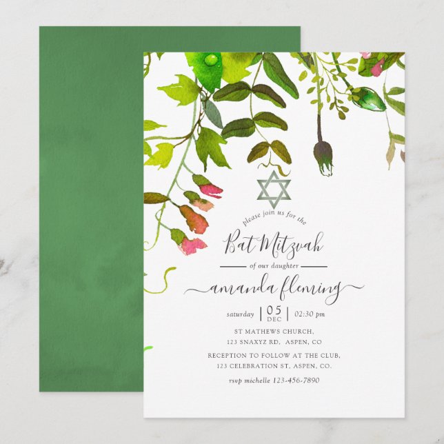 Convite Bat Mitzvah de greenery de primavera em aquarela (Frente/Verso)
