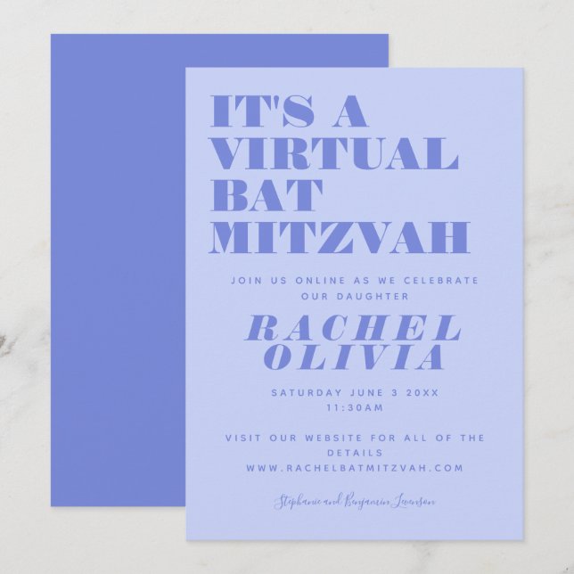 Convite Bat Mitzvah de Lavanda Virtual em Branco (Frente/Verso)
