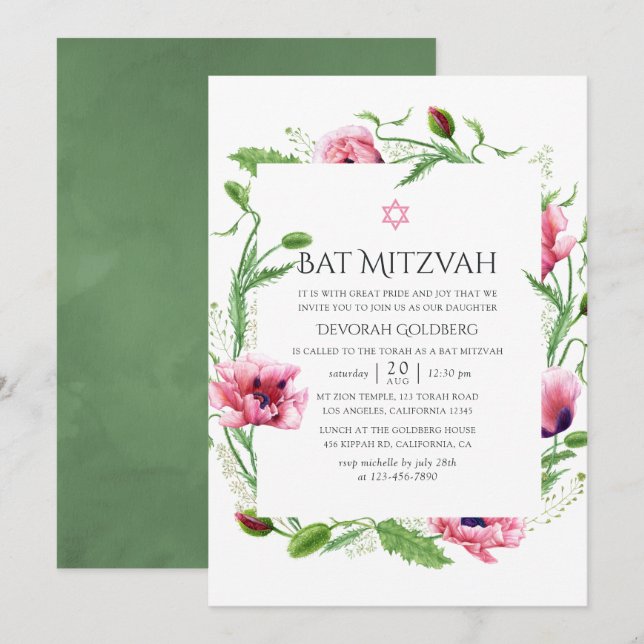 Convite Bat Mitzvah de Papoulas Rosa em Aquarela (Frente/Verso)