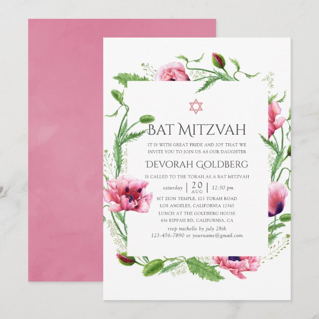 Convite Bat Mitzvah de Papoulas Rosa em Aquarela (Frente/Verso)