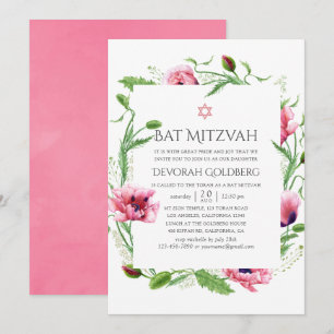 Convite Bat Mitzvah de Papoulas Rosa em Aquarela