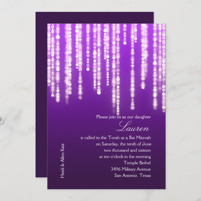 Convite Bat Mitzvah Deep Purple Sparple Lights (Frente/Verso)