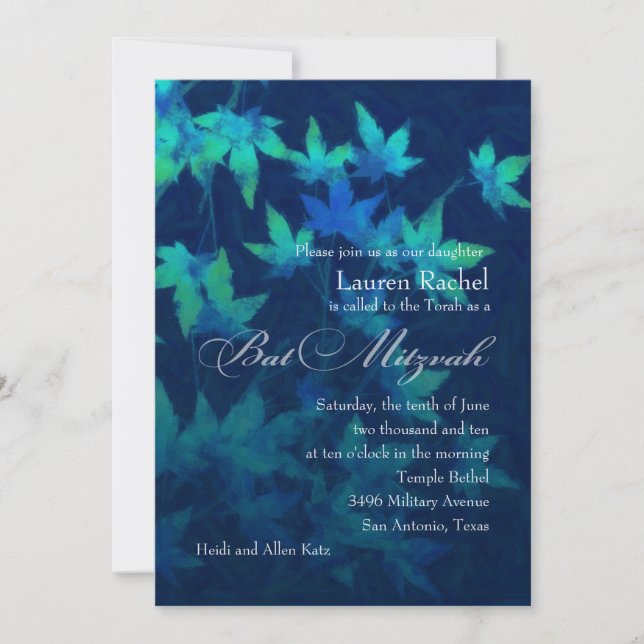 Convite Bat Mitzvah deixa Marinho azul verde (Frente)