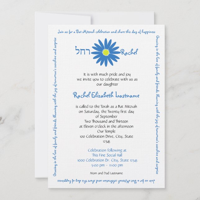 Convite Bat Mitzvah Delighty Daisy Message Text Azul (Frente)