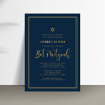Convite Bat Mitzvah do Script de Frame Duplo Azul e Dourad<br><div class="desc">Comemore o Bar Mitzvah com este convite moderno e elegante,  com seu texto personalizado. Adicione facilmente seus próprios detalhes clicando na opção "personalizar".</div>