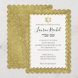 Convite Bat Mitzvah Dourada Escalloped Dourada Glitter