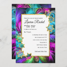 Convite Bat Mitzvah Dourada Estrelas Coloridas Desenho de