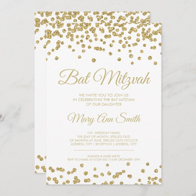 Convite Bat Mitzvah Dourada Faux Glitter Confetti White (Frente/Verso)