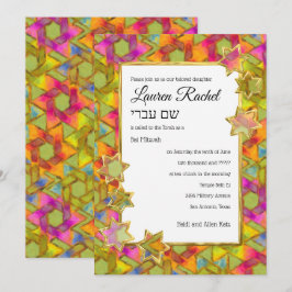 Convite Bat Mitzvah Dourada Star Abstrato Star Damask