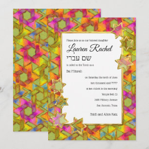 Convite Bat Mitzvah Dourada Star Abstrato Star Damask