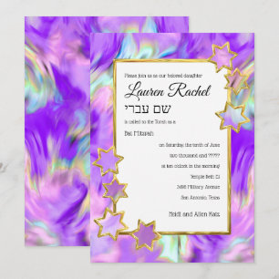 Convite Bat Mitzvah Dourada Star Abstrato Tie Roxo