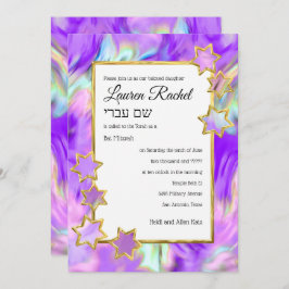 Convite Bat Mitzvah Dourada Star Abstrato Tie Roxo