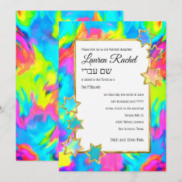 Convite Bat Mitzvah Dourada Star Abstrato Tie Turquoise