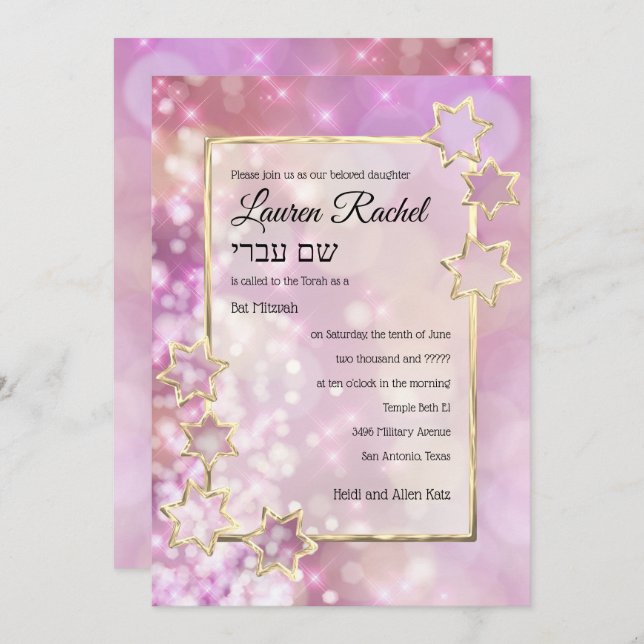 Convite Bat Mitzvah Dourada Star Pink Bokeights (Frente/Verso)