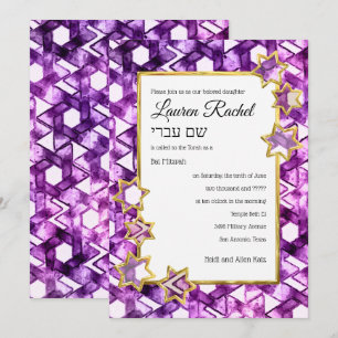 Convite Bat Mitzvah Dourada Star Purple Watercolor Damask
