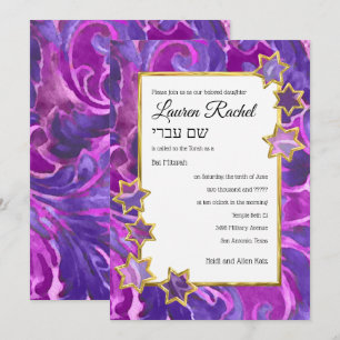Convite Bat Mitzvah Dourada Star Roxo Rosa Damasco