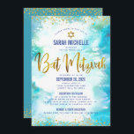 Convite Bat Mitzvah Dourada Turquoise Watercolor 2 Venue C<br><div class="desc">Tenha orgulho, alegria e mostre este marco do seu Bat Mitzvah favorito! Envie este convite personalizado, moderno e espantoso para um evento que se lembre. Escrita de folha de ouro, pontos brilhantes. Estrela de David e script de tipografia sobrepõem um fundo azul de turquesa com aquarela. Personalize o texto personalizado...</div>